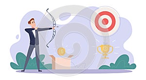 Business goal setting. Active business characters shooting with arrows to targets exact vector people with bows concept background