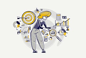 Business goal vector outline illustration, business strategy woman entrepreneur developing and managing his plan, motivation and