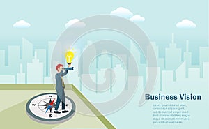 Business goal, vision and strategy concept. Businessman standing on compass at top of buildings with binocular and lightbulb