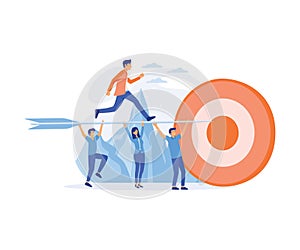Business Goals Achievement Concept. Businesspeople Team Carry Huge Arrow with Businessman Standing on it Running to Huge Target.