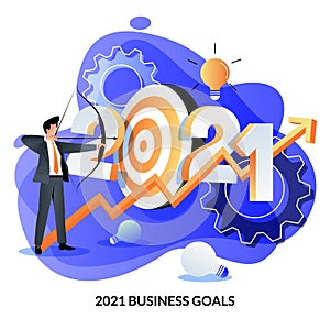 Business goals, investment strategy, income growth in new 2020 year. Vector illustration of businessman shoots target