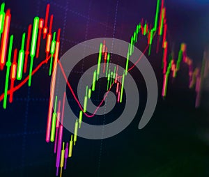 Business graph with arrow showing profits and gains. Tablet computer with business chart. Digital stock market listing on a tablet