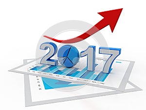 Business graph with arrow up and 2017 symbol, represents growth in the new year 2017, three-dimensional rendering, 3D illustration