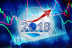 Business graph with arrow up and 2018 symbol, represents growth in the new year 2018. 3D illustration
