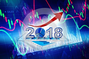 Business graph with arrow up and 2018 symbol, represents growth in the new year 2018. 3D illustration