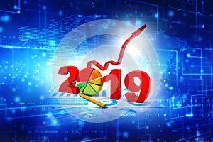 Business graph with arrow up and 2019 symbol. 3d render