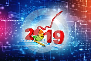 Business graph with arrow up and 2019 symbol. 3d render