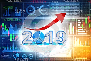 Business graph with arrow up and 2019 symbol, represents growth in the new year 2019. 3d render