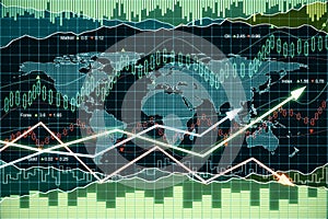 Business graph with arrows and world map