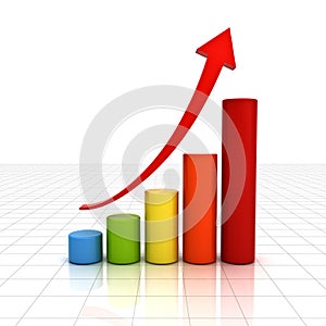 Business graph chart with red rising arrow over white background with reflection