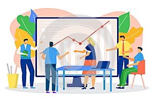 Business graph at meeting, vector illustration, flat man woman character teamwork in office, team people work with chart