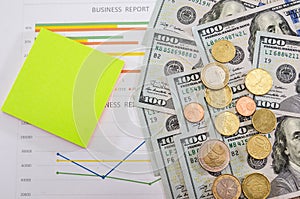 Business graph and money. View from above. Business concept. Analysis and business strategy.