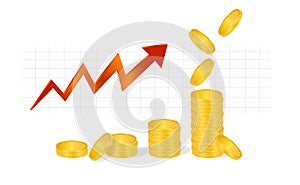 Business Graph with piles of golden coins and falling coins showing profits isolated on white background.