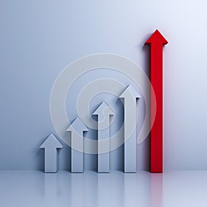 Business graph with red rising up arrow over white wall background with reflection