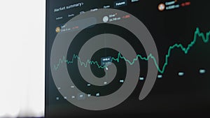 Business graph and trade monitor of Investment in gold trading. Graph review of Annual Report of Rise and fall on laptop