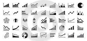 Business graphs and charts icons. Business infographics icons. Statistic and data, charts diagrams, money, down or up arrow,