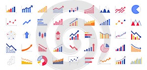 Business graphs and charts icons. Business infographics icons. Statistic and data, charts diagrams, money, down or up arrow,