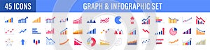Business graphs and charts icons. Business infographics icons. Statistic and data, charts diagrams, money, down or up arrow,