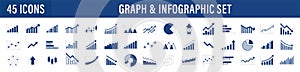 Business graphs and charts icons. Business infographics icons. Statistic and data, charts diagrams, money, down or up arrow,