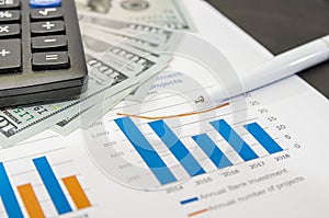 Business graphs and charts report with pen, calculator on desk of financial advisor. Financial abstract concepts.