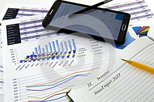 Business graphs and charts report with pen on desk of financial advisor. Financial accountancy Concept.