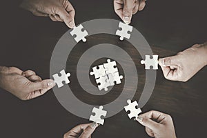Business group connect pieces of puzzle think of problem solving. Brainstorm, decision concept