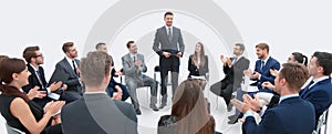 Business group greets leader with clapping and smiling