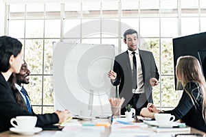 Business group meetings discussions about new business plans in the office with an empty whiteboard.