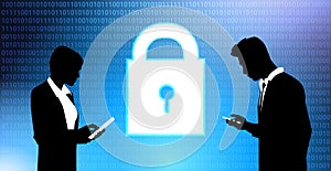 Business group silhouettes touch virtual padlock GDPR data privacy background. network protection of personal storage