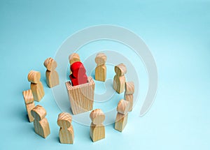 A business group stands in a circle and listens to the leader behind the tribune. Boss / CEO gives instructions. Business planning