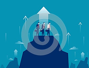 Business growt. Businessman team standing on mountain peak to success. Concept business vector illustration.