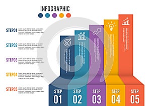 Business growth 5 step infographics option. Template for presentation and workflow layout. Abstract background.