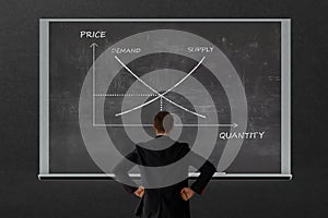 Business growth concept. business man looking to the graph with growth rate relation of economy. supply demand graph relate with p photo