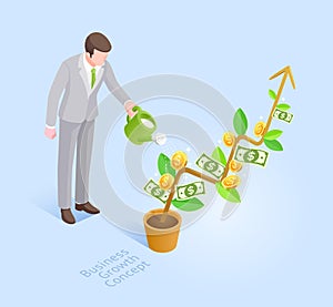 Business growth concept. Business man with pot watering money tree. Vector Isometric illustration