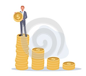 Business growth concept. Businessman stand on the top of stack of growth money coins. Vector illustration