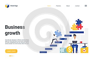 Business growth concept landing page, businessman climbing high stairs to connect puzzle