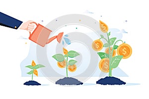 Business growth concept. Vector of a business man hand with pot watering profitable money tree
