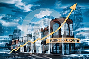 Business growth illustration with storefronts, rising graph, and blue sky in urban setting
