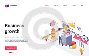 Business growth isometric landing page, businessman working to make financial profit