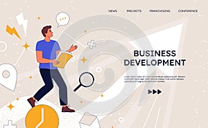 Business growth landing page. Startup development. Progress arrow. Website design template. Run to goal. Success career
