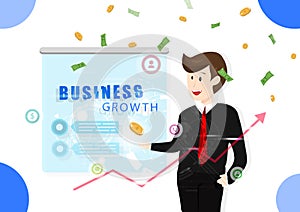 Business growth, man working, technology information symbol, investment, profit money falling, successful vector illustration