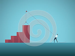 Business growth objective vector concept with businessman pulling graph up on pulley. Symbol of success, achievement