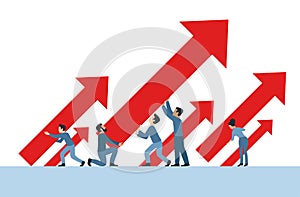 Business growth - people group holding arrows up