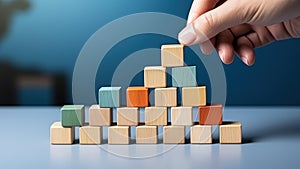Business Growth Success Process - Woman Building Steps with Wooden Blocks