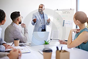 Business growth, training and black man with presentation in meeting for strategy for startup progress. Businessman