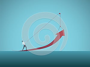 Business growth vector concept with businessman pulling arrow up on pulley. Symbol of success, achievement, challenge