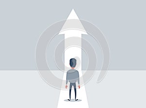 Business growth vector concept with man walking towards upwards arrow. Symbol of success, promotion, career development.