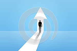 Business growth vector concept with man walking towards upwards arrow. Symbol of success, promotion, career development