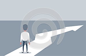 Business growth vector concept with man walking towards upwards arrow. Symbol of success, promotion, career development.