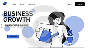 Business growth and woman watering a flower vector illustration concept. Business plant growing and care seed. Money seedling and